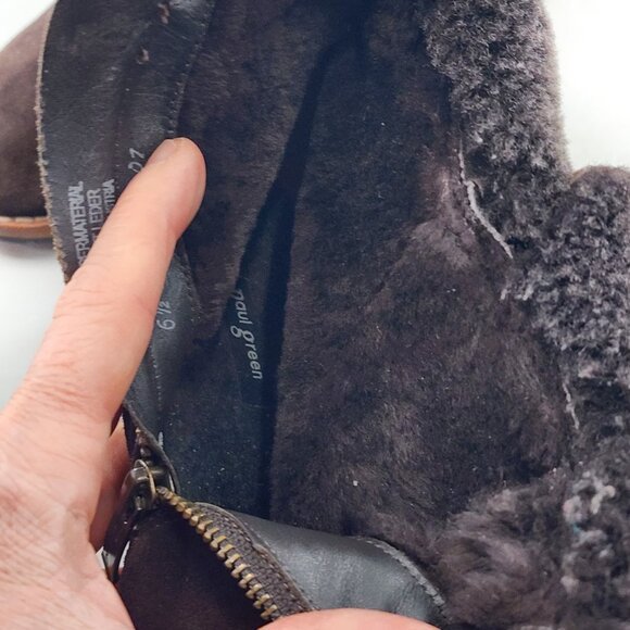 PAUL GREEN Cabo Dark Brown Shearling Cuff Suede Ankle Boots Double Zip - Picture 9 of 10